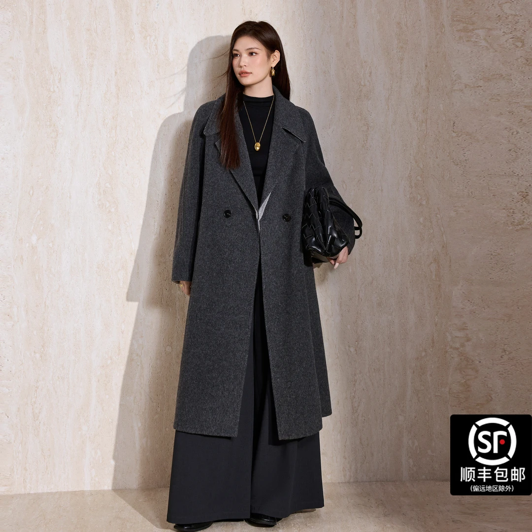 蓝语大码女装秋冬毛呢外套法式显瘦大衣气质黑色外套双排扣