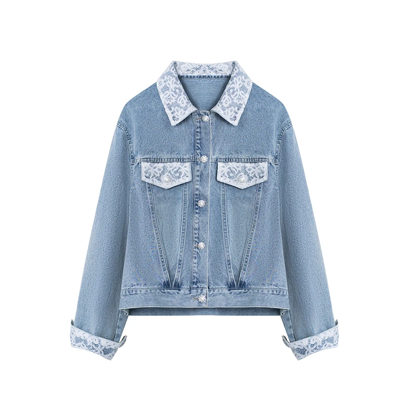 【岁月如歌】重工蕾丝拼接领珍珠扣时尚短款牛仔外套A2827