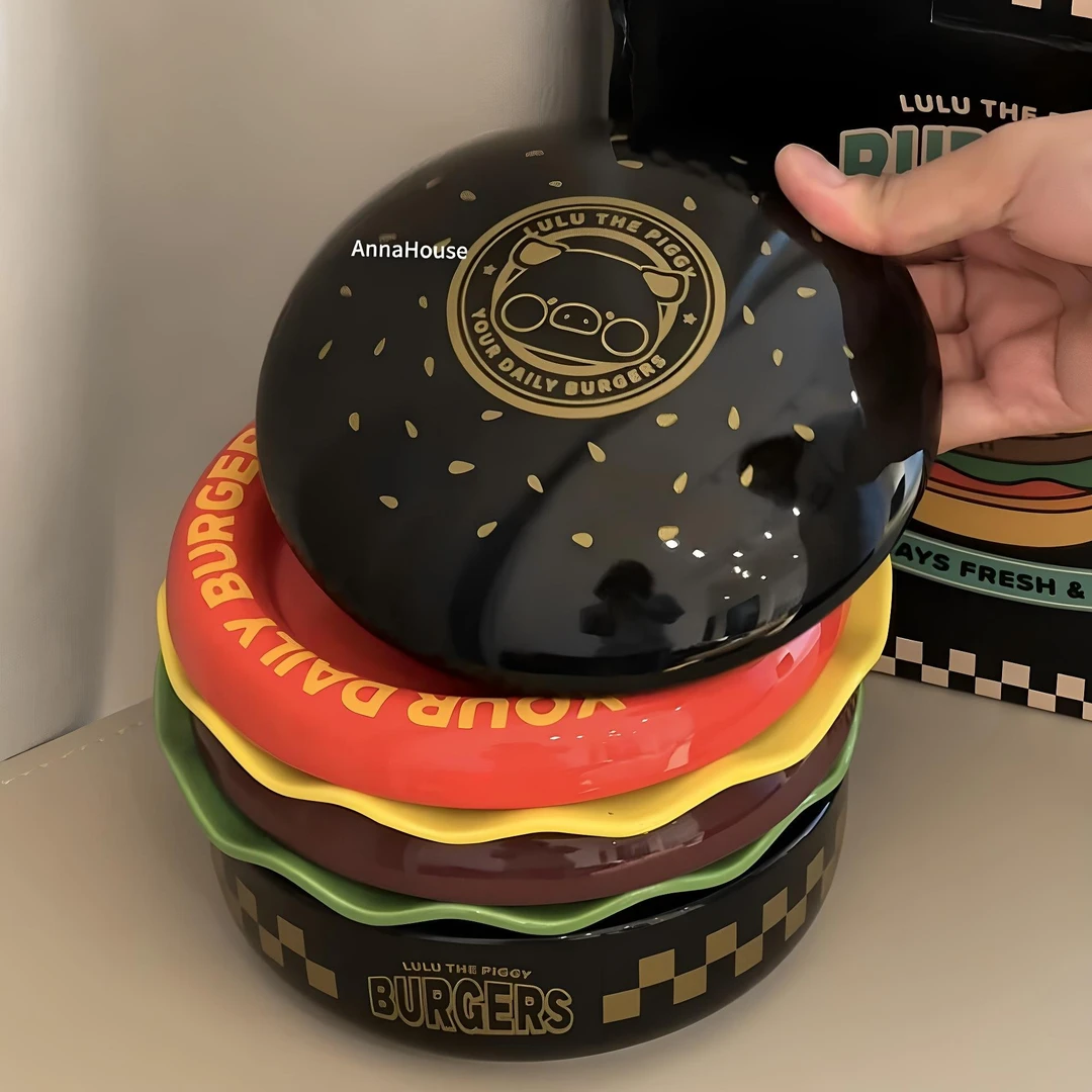 lulu猪汉堡餐盘套装可爱精致创意陶瓷早餐碗沙拉碗甜品碟子叠叠乐