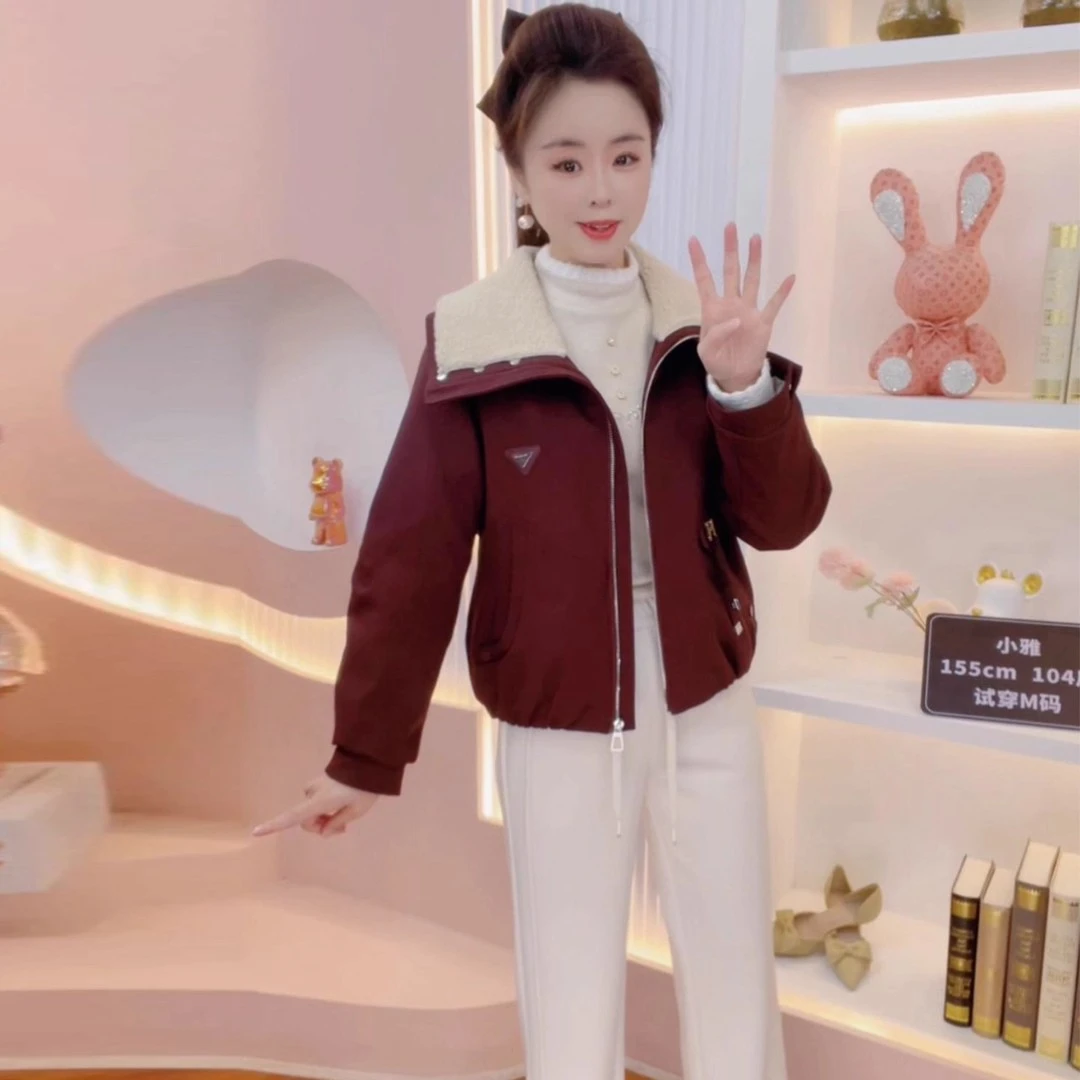 时尚加绒加厚短款外套女2025冬季新款洋气显瘦小个子翻领保暖棉服
