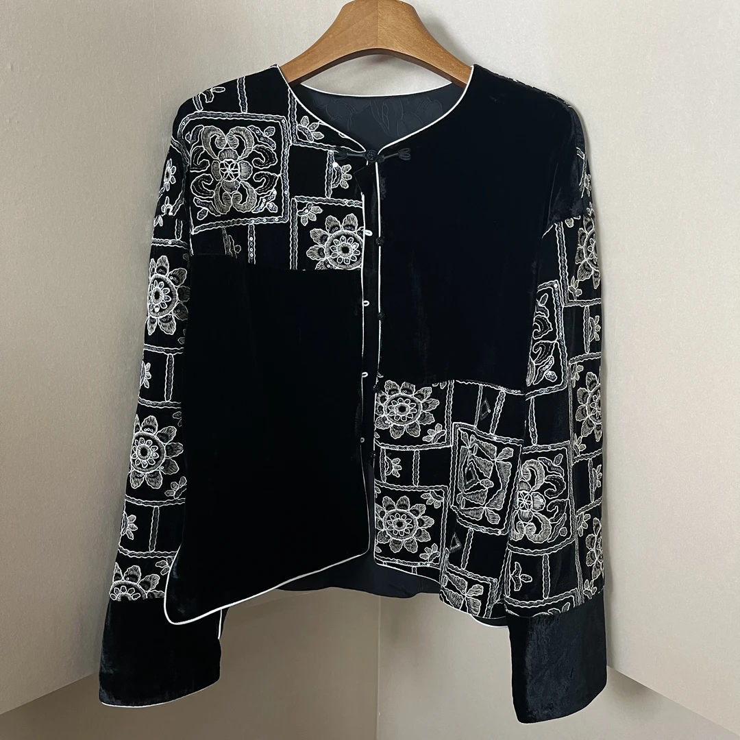 【青青】丝绒刺绣上衣新中式国风洋气百搭圆领长袖外套CH77