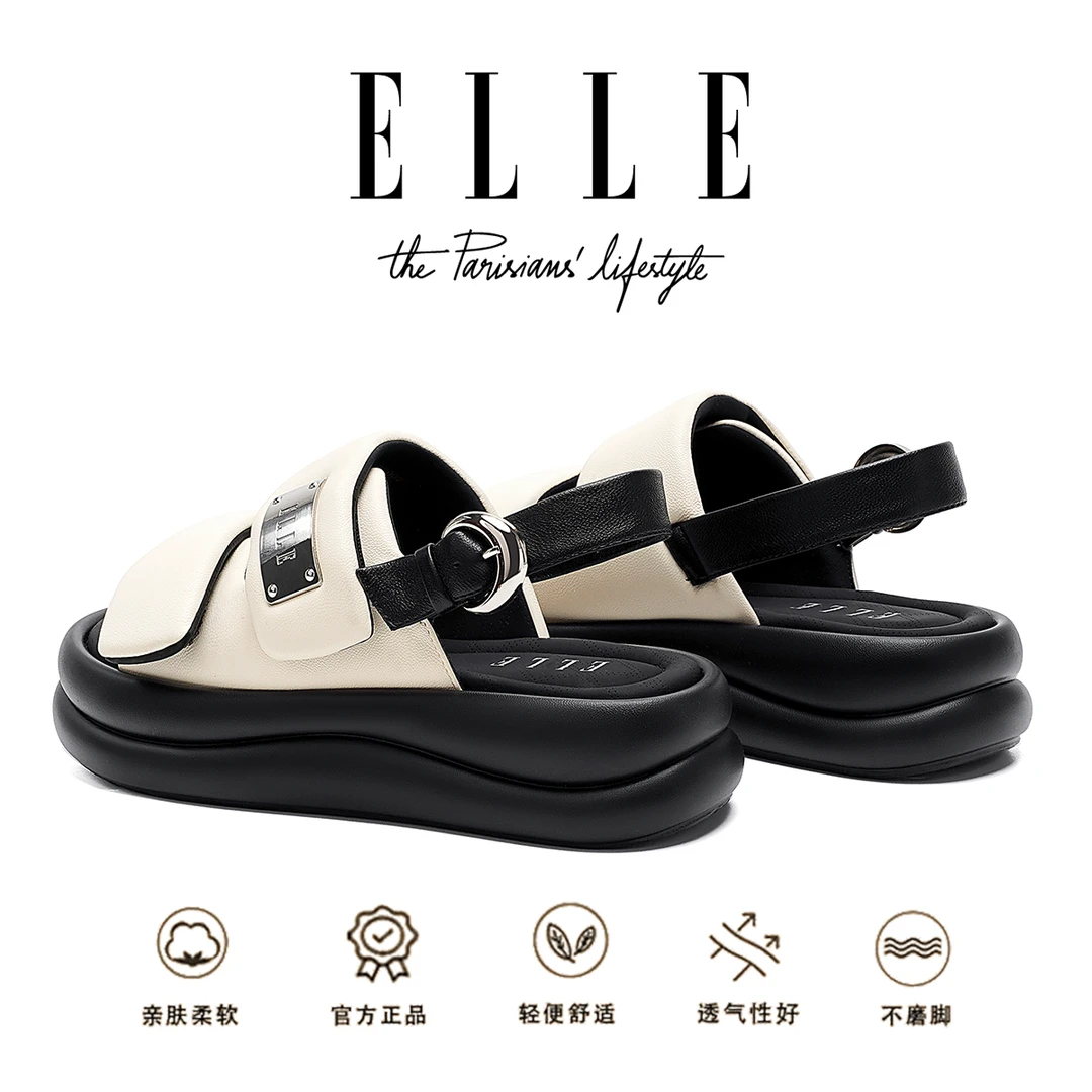 ELLE真皮搭扣面包凉鞋女2025新款厚底松糕踩屎感休闲沙滩罗马鞋潮
