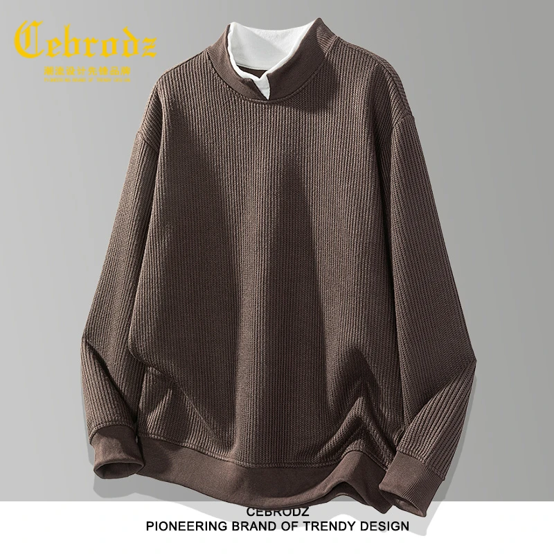 法国Cebrodz男士秋冬季圆领套头卫衣新款假两件V领宽松复古打底衫