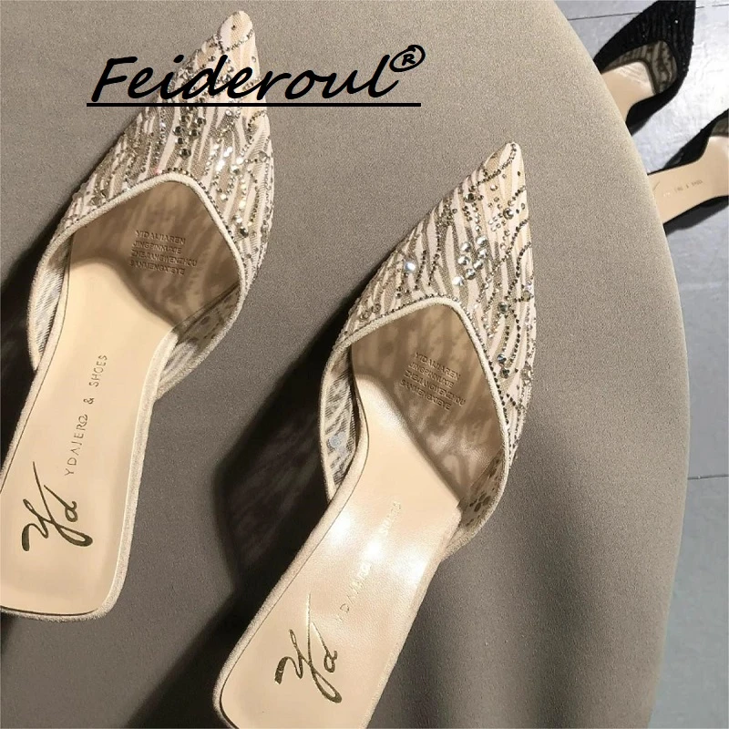 Feideroul尖头包头水钻半拖鞋2025新网纱中跟细跟外穿蕾丝凉拖鞋