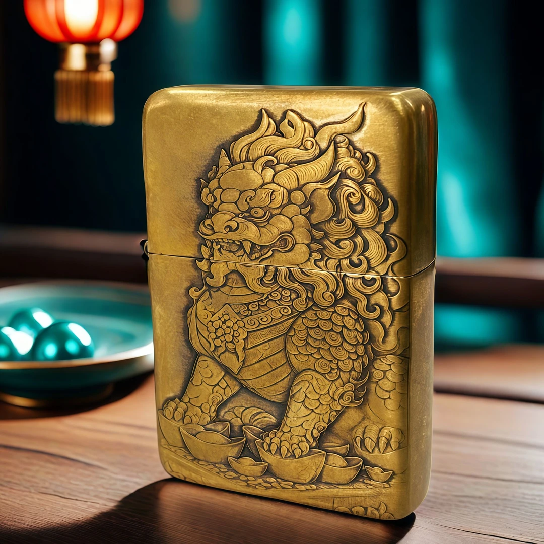 纯铜打火机双面雕刻正面石狮背面貔貅招财进宝男士收藏