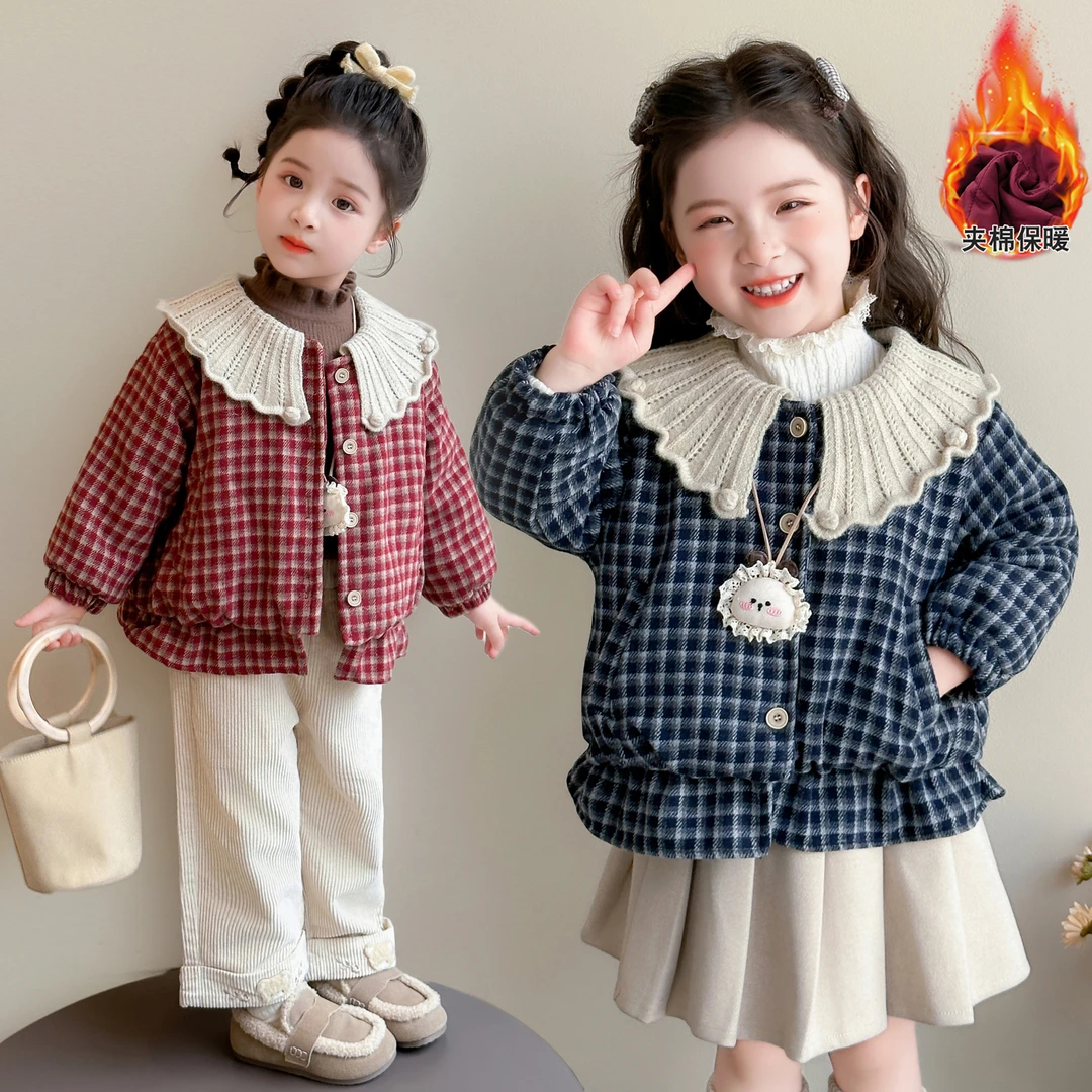 女童加厚外套洋气时髦格子儿童夹棉上衣小女孩宝宝秋冬装2025新款