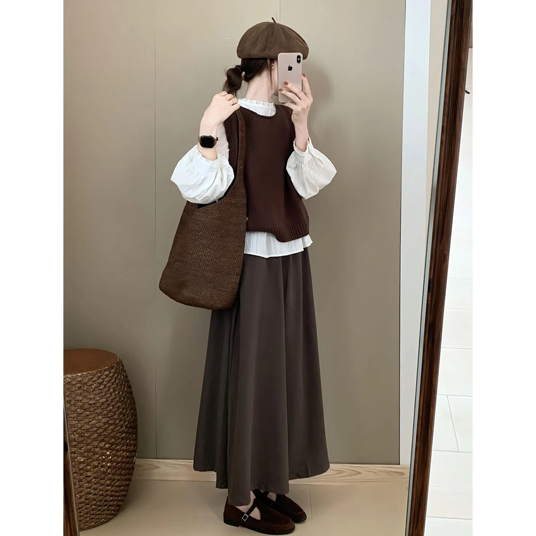 【现货】2025秋季美拉德穿搭一整套轻奢高级感减龄棕色马甲衬衫套装