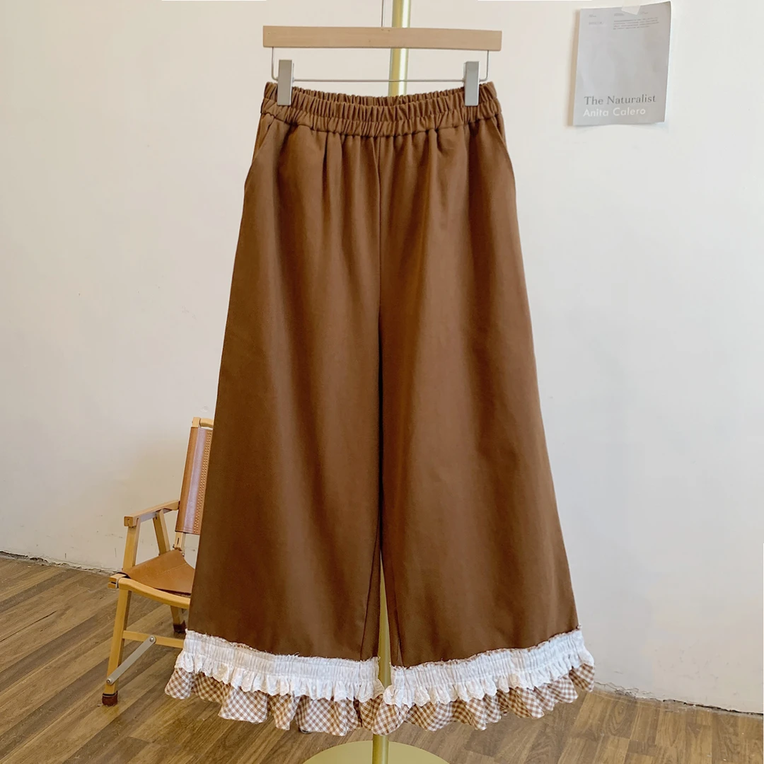 裙边裤C4777格纹拼接松紧腰宽松阔腿裤