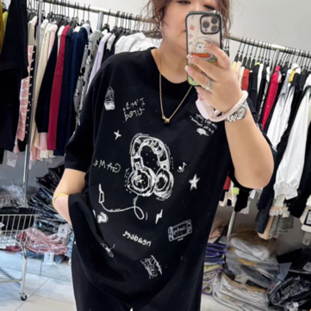 PHH1617大码舒适烫钻耳机短袖