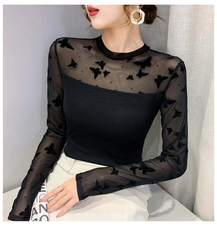 网纱打底衫女长袖性感内搭小衫春秋新款植绒百搭外穿t恤上衣33222