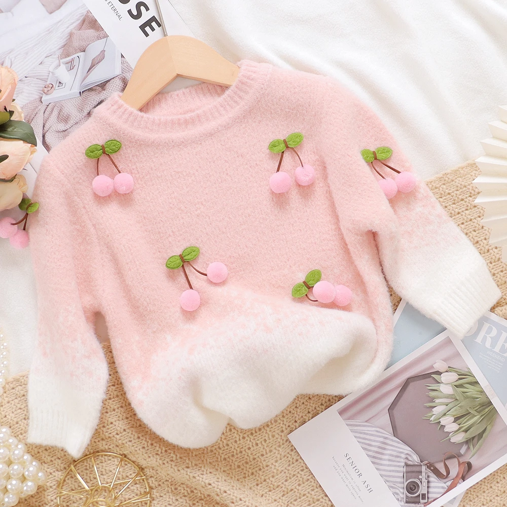 【媛媛妈专属】春秋季女童新款时髦洋气樱桃毛衣针织衫儿童打底衫