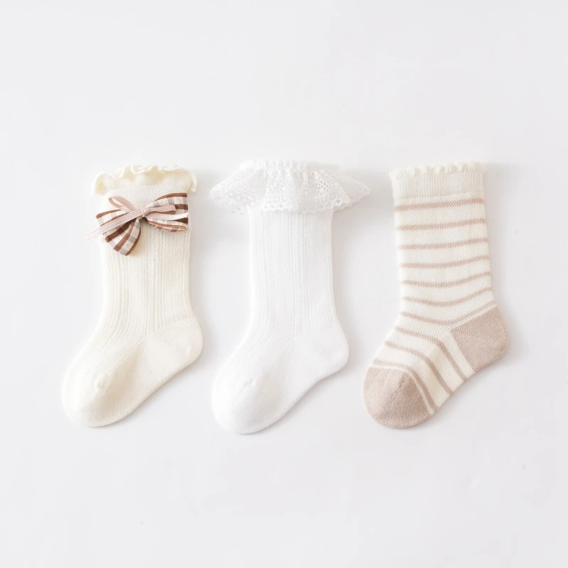 春夏薄款婴儿袜子夏季女宝宝可爱公主蝴蝶结花边网眼小腿高筒袜