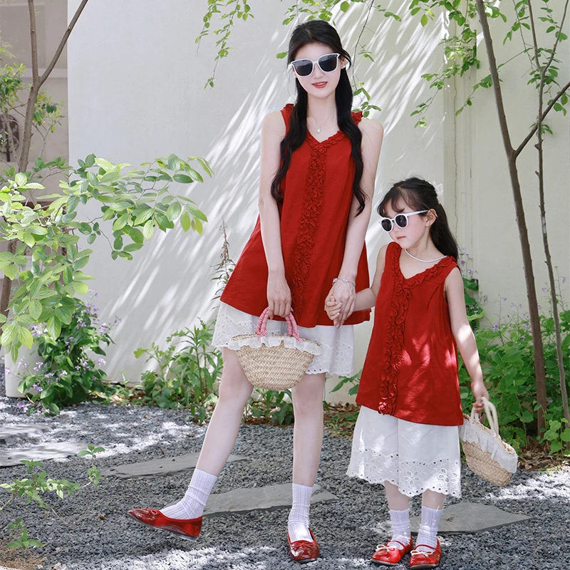 炸街亲子装套装夏季新款高端母女装洋气红色棉麻背心阔腿裤两件套