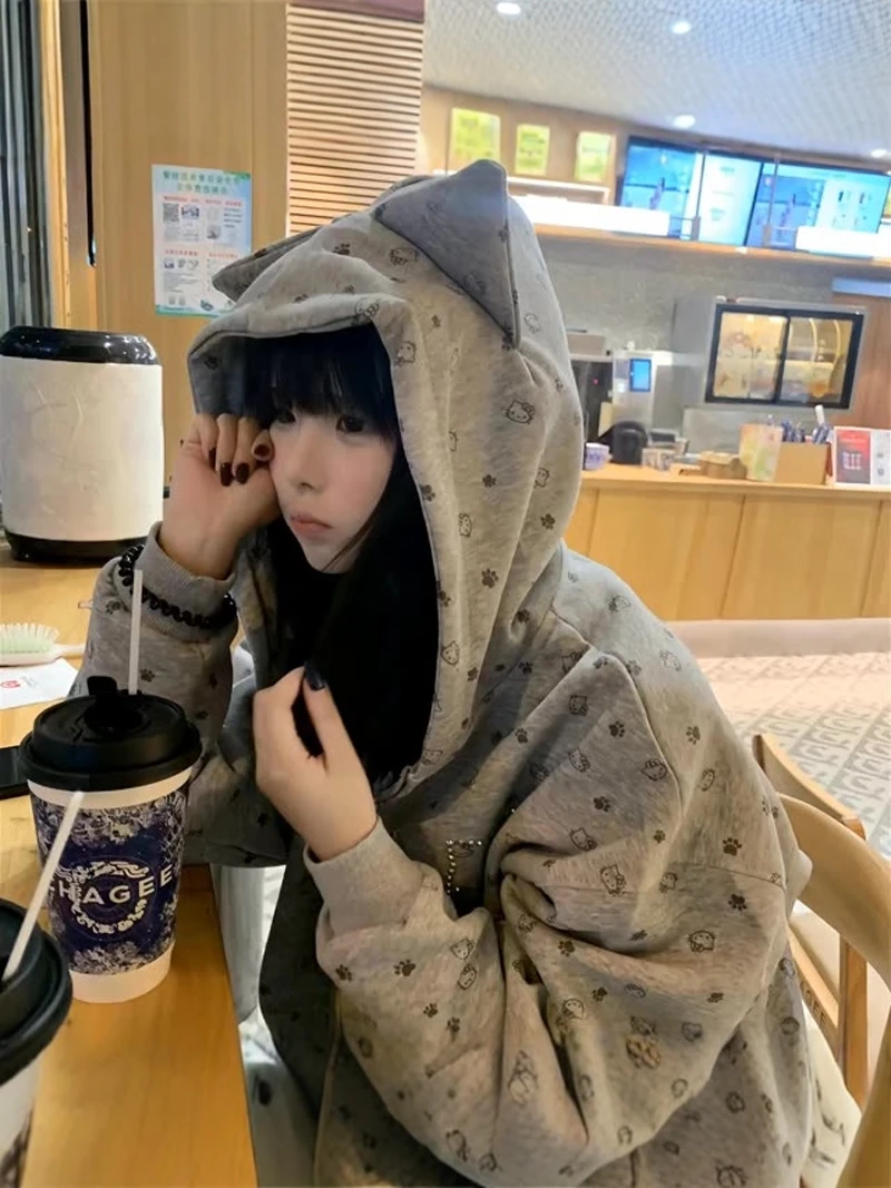 美式复古满印猫爪开衫连帽卫衣女2025春秋款宽松休闲情侣拉链外套