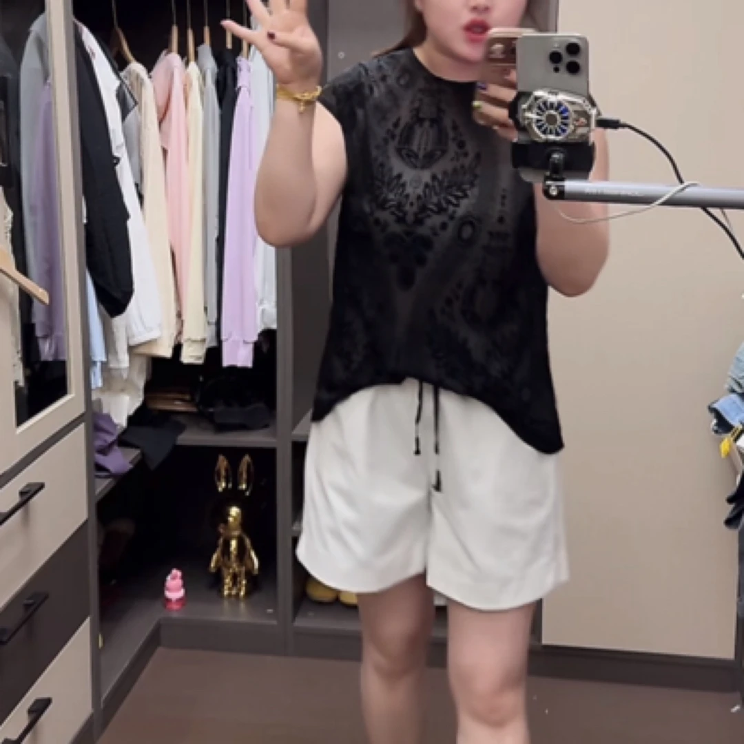 欧货复古提花丝绒镂空无袖上衣后开叉女夏季高级感气质背心t恤