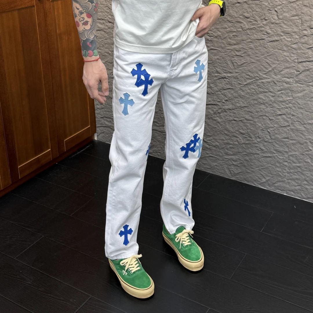 2025春季新款时尚休闲百搭白色贴皮牛仔裤情侣