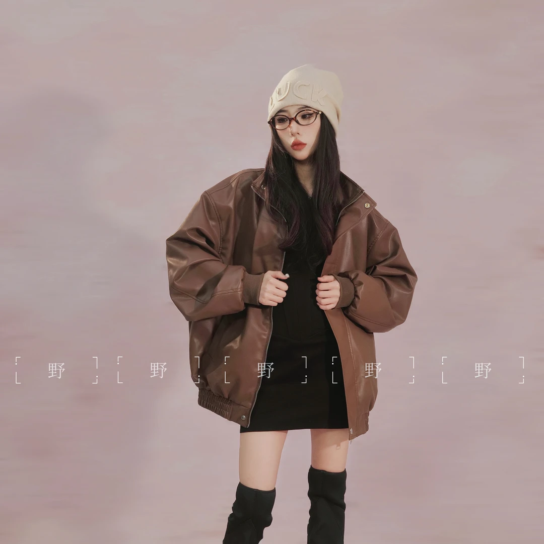 【小野家】灰棕色皮衣男女2025春秋美式翻领百搭时尚外套情侣装上衣