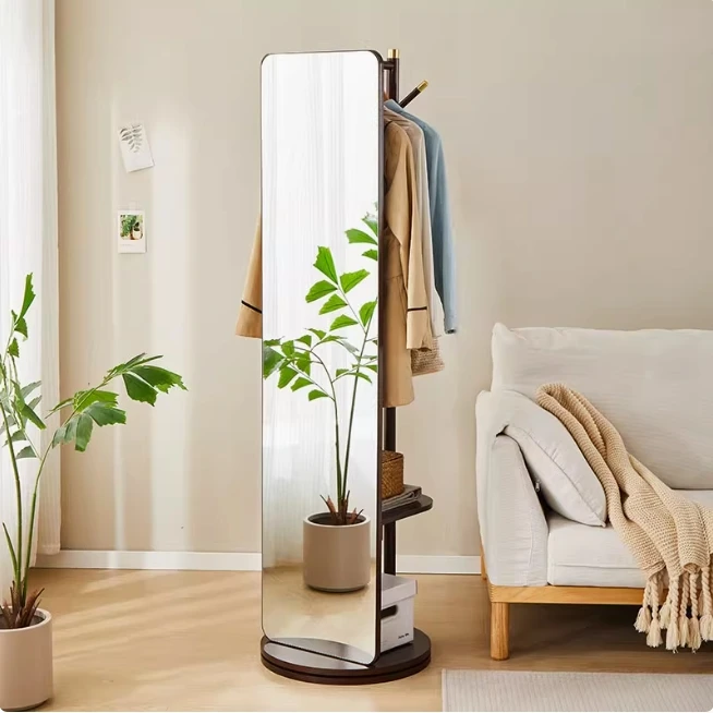 全实木北欧风可储物可旋转圆形带衣帽架穿衣镜移动立式落地全身镜