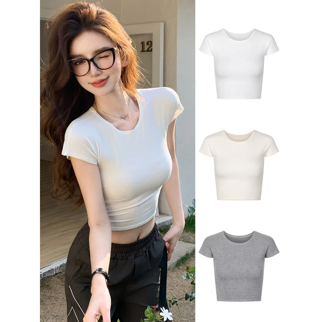 紧身正肩T恤短袖女新款修身显瘦露脐短款百搭上衣性感纯欲风辣妹