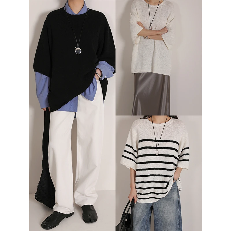 JANE池简博主随性风呼吸感/ROW时髦氛围感花纱藏肉圆领针织衫