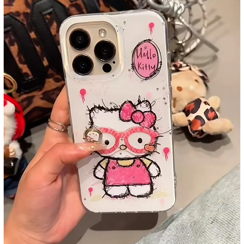 欧克里里戴眼镜滴kitty公仔适用苹果16手机壳华为vivo小米15oppo