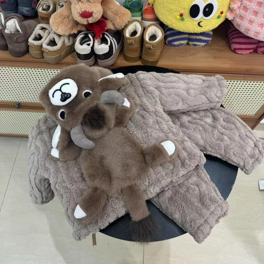 微笑小牛两件口袋儿童睡衣套装法兰绒宝宝加绒加厚套家居服 H646