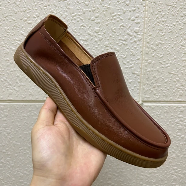棕色男鞋夏季一脚蹬懒人舒适透气软底休闲皮鞋豆豆鞋男真皮牛皮
