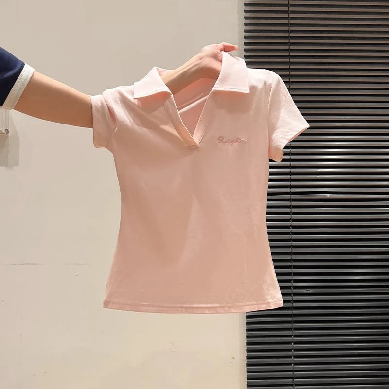 美式正肩polo领粉色短袖T恤女夏季字母刺绣收腰修身显瘦时尚上衣