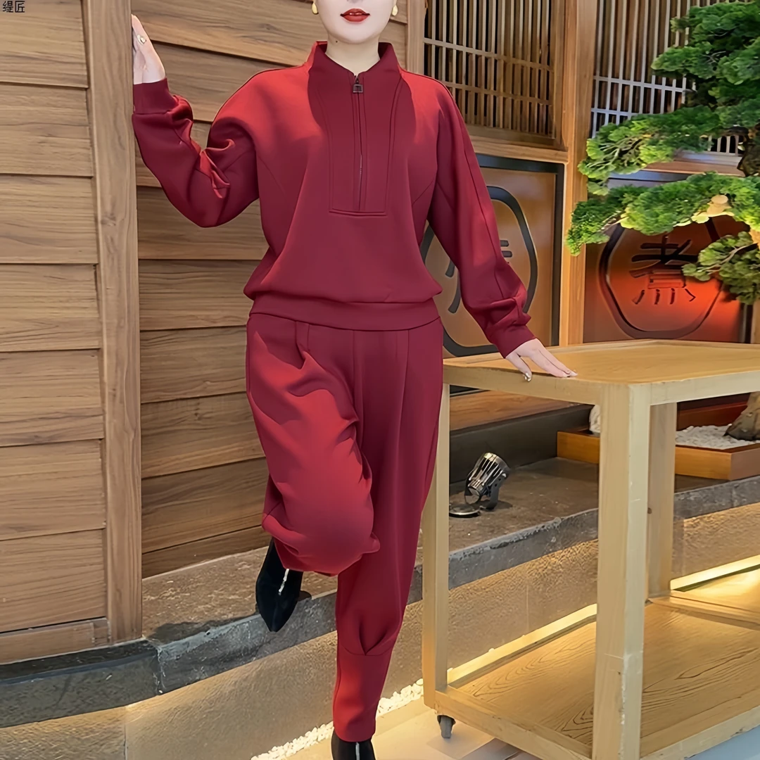 2025季新款显瘦时尚妈妈大码套装洋气拉链上衣休闲哈伦两件套女