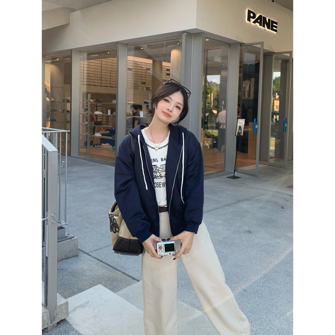 YO定制秋冬休闲百搭宽松夹棉连帽外套小个子韩系简约显白短款夹克