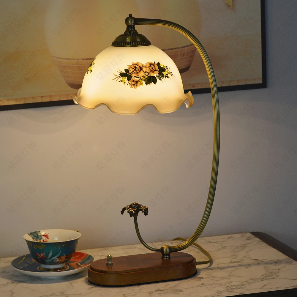 铭居全铜沙比利木台灯新中式老上海复古怀旧书房卧室床头灯玻璃灯