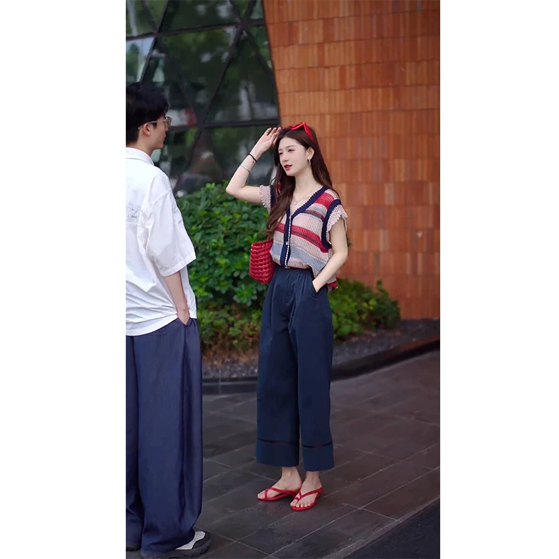 套装女2025年夏季新款爆款洋气百搭撞色v领针织上衣休闲裤两件套