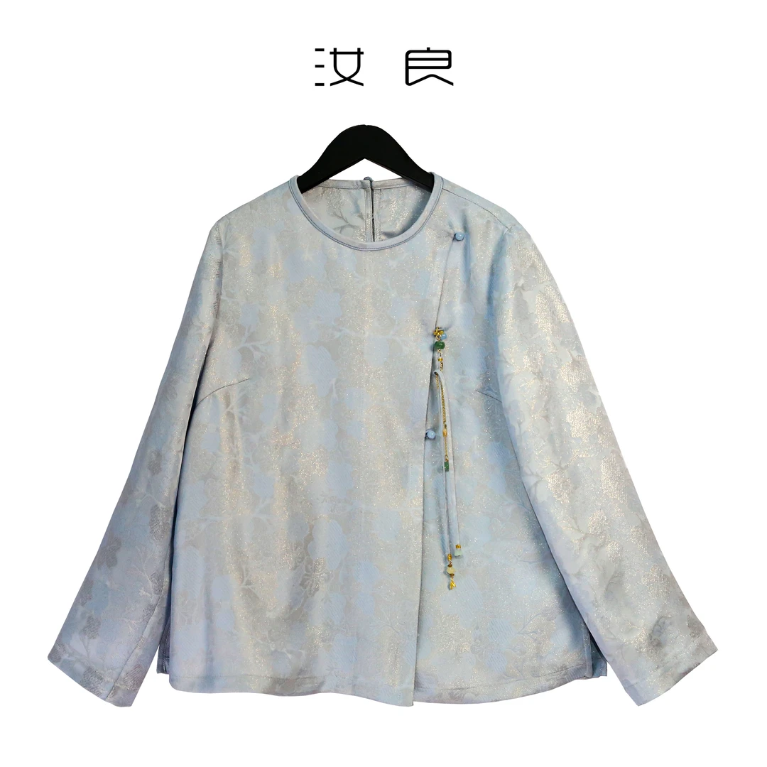 复古长袖斜襟圆领上衣