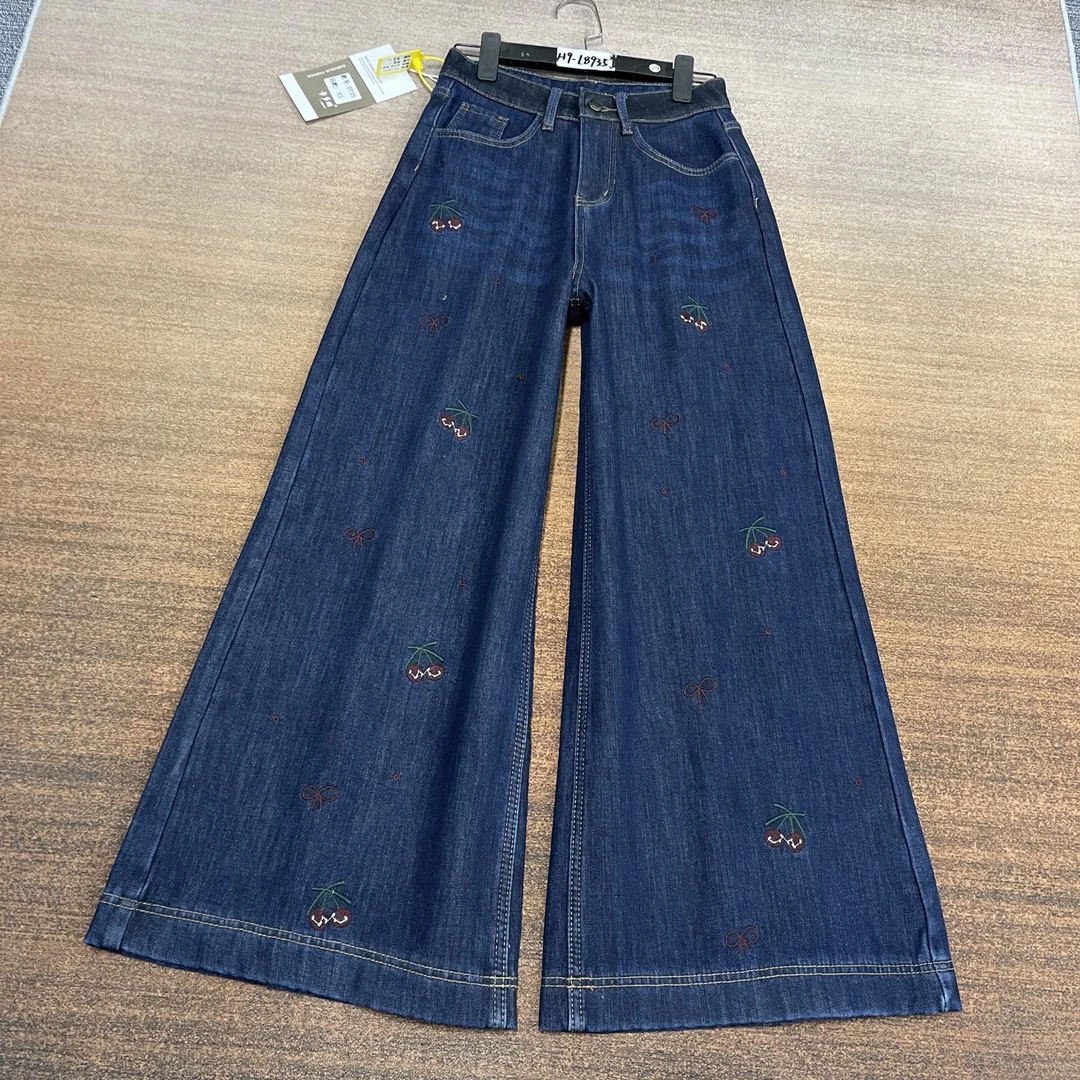 #H9-L8935 加绒-厚绒 丹宁蓝小樱桃刺绣A版大阔腿裤 无弹（不换退）