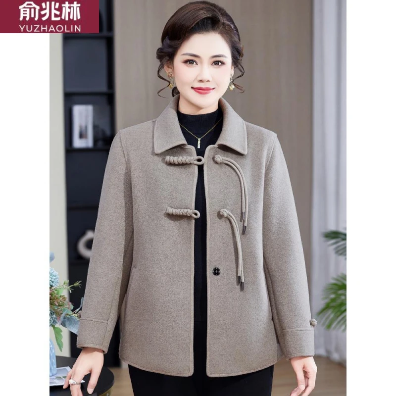 妈妈秋装2025新款洋气双面羊绒毛呢外套中老年女气质50多岁上衣