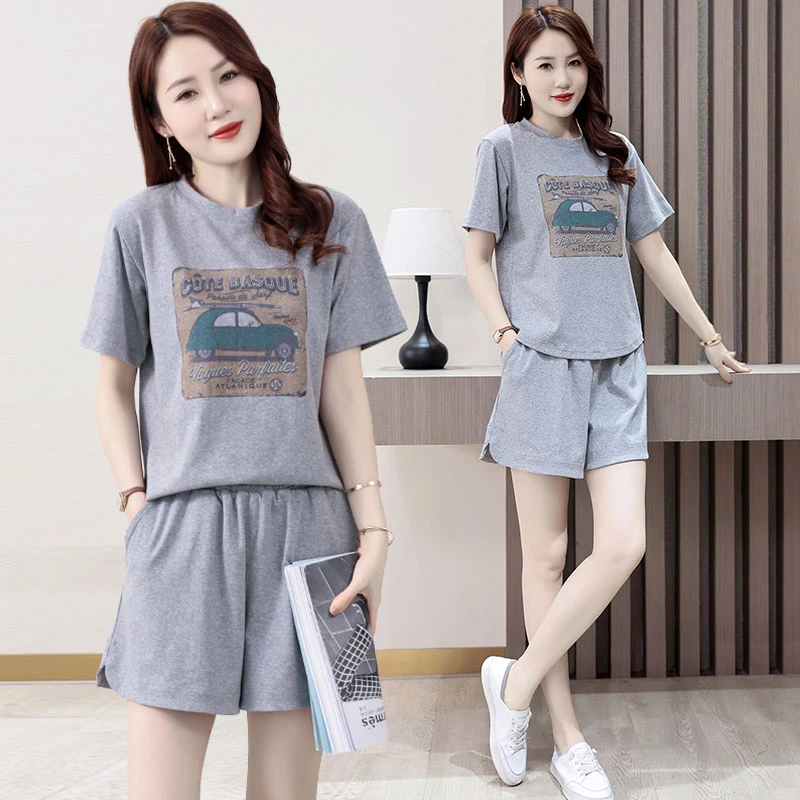 纯棉宽松显瘦薄款百搭休闲运动套装女夏季圆领印花减龄短袖两件套