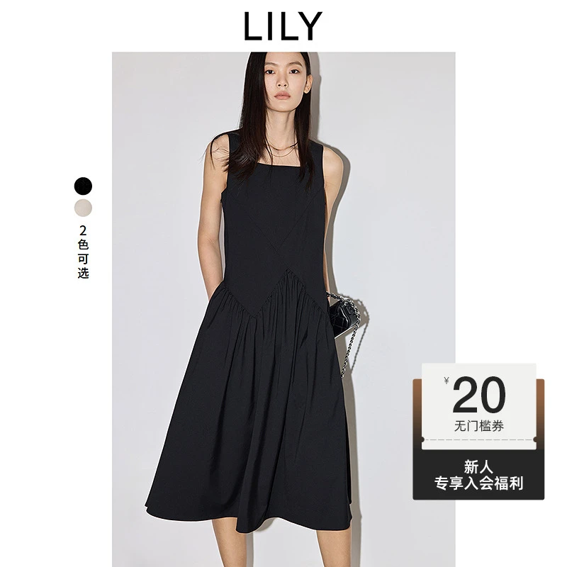 小黑裙LILY2025春新款设计感优雅法式方领背心连衣裙125129C7946
