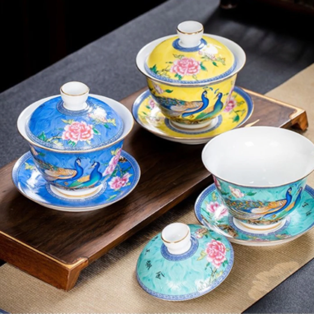 珐琅彩陶瓷盖碗孔雀图案功夫茶具三才泡茶碗宫廷风