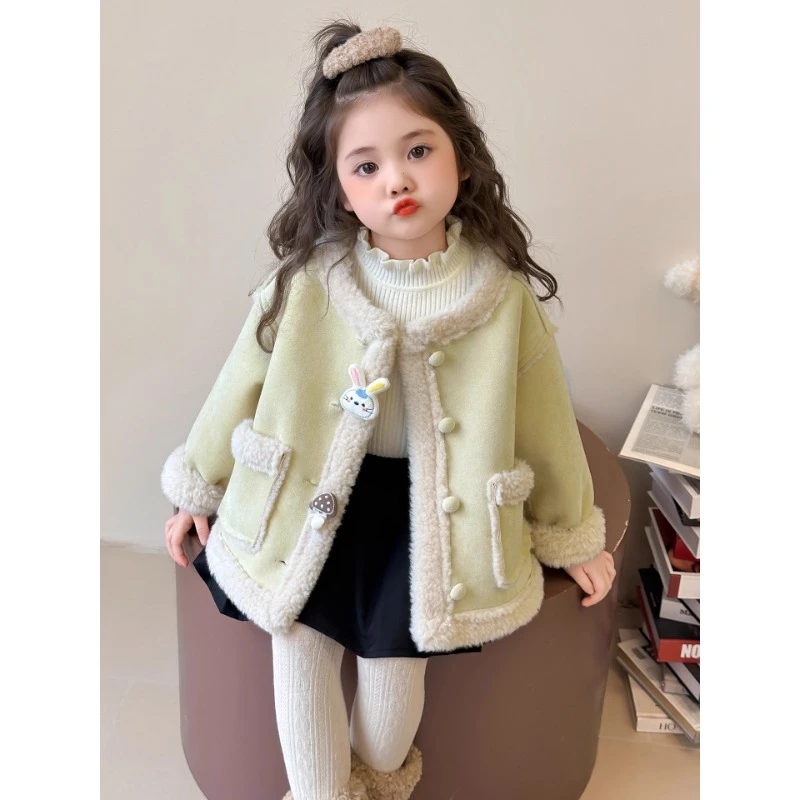 女童加绒外套秋冬2025新款儿童冬季洋气加厚宝宝冬装皮毛一体上衣
