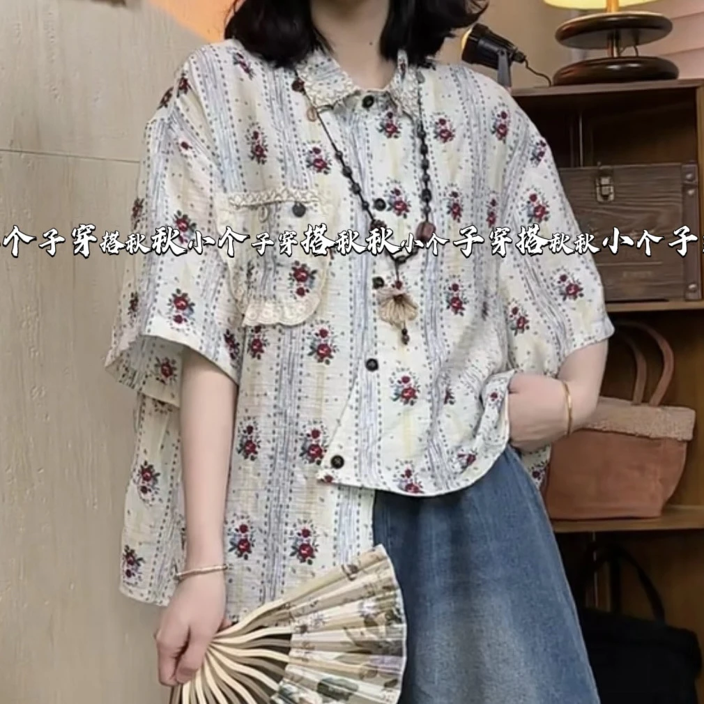 XZ“蔷薇花开”原创满印工艺新波西米亚风慵懒风短袖衬衫上衣衬衣