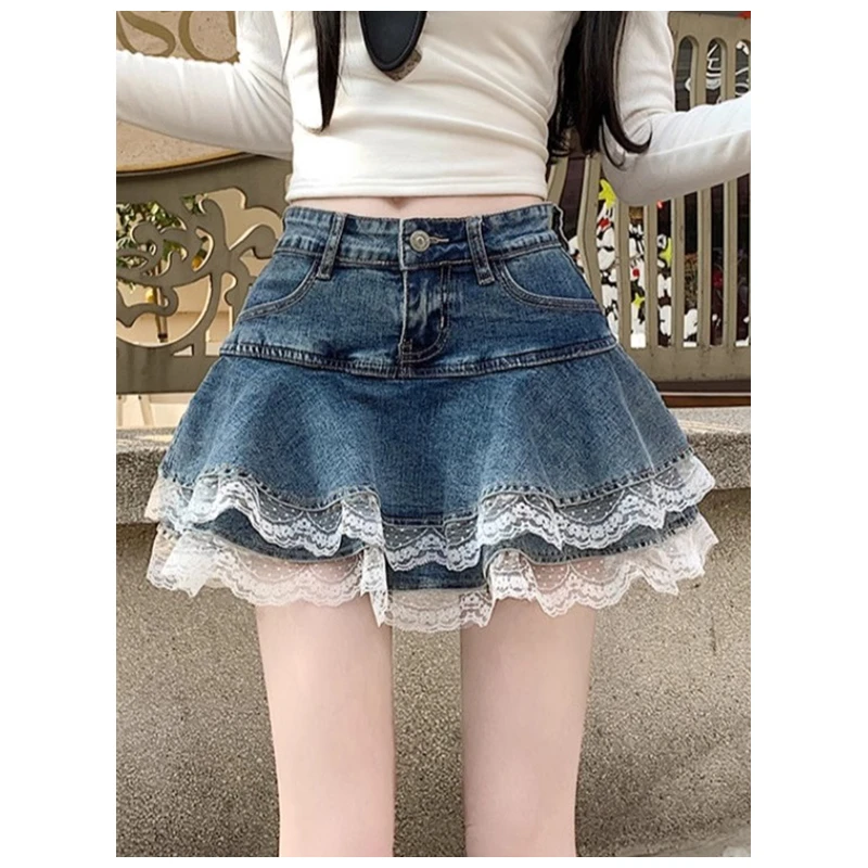 美式复古牛仔百褶半身裙女夏季新款蕾丝花边拼接蓬蓬裙蛋糕短裤裙
