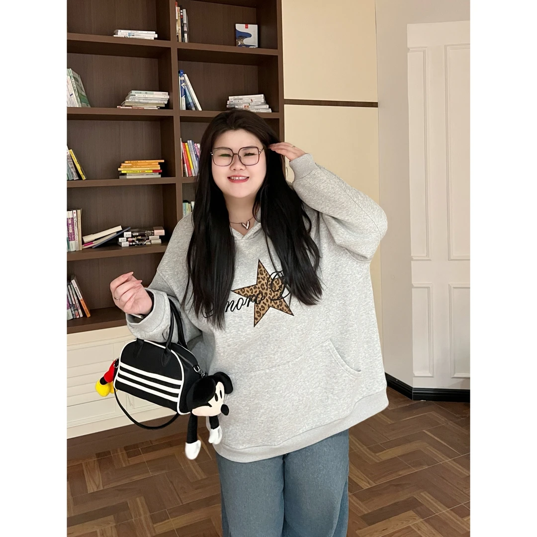 花契“杉林雾轻”大码女装冬季百搭200斤胖mm时尚加绒卫衣4366-X