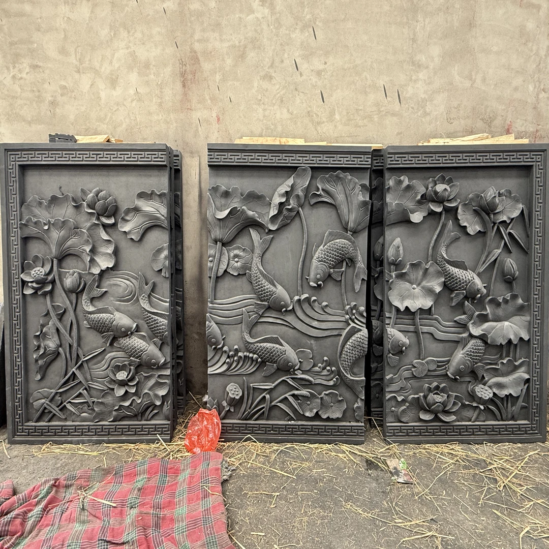 高品质砖雕荷花鱼砖雕3×1.5米影壁墙四合院中式庭院围墙装饰浮雕