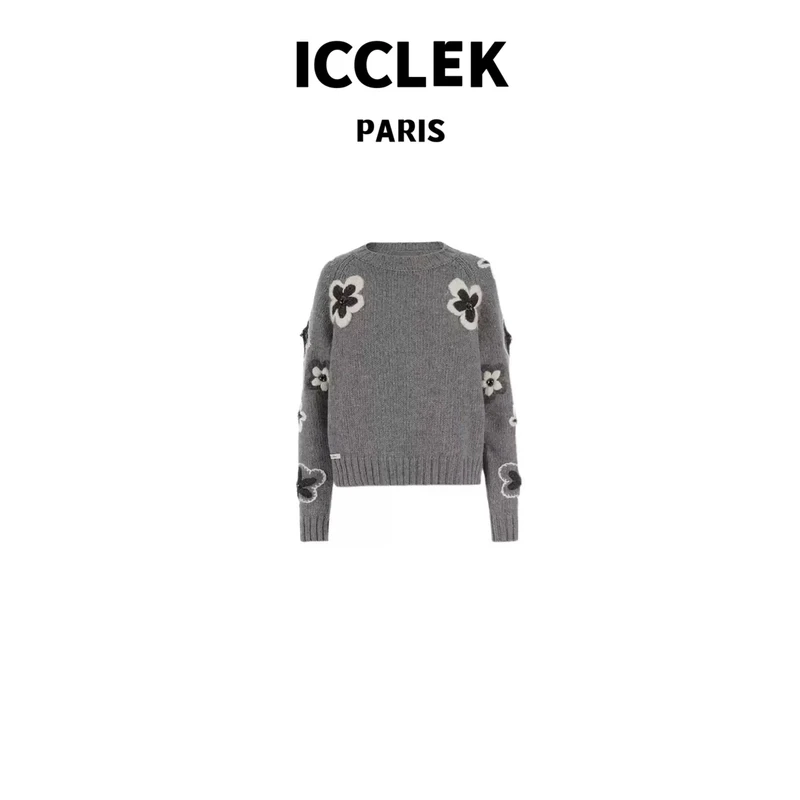 ICCLEK  灰色圆领手工花朵长袖毛衣针织衫轻奢名媛上衣  -   3567