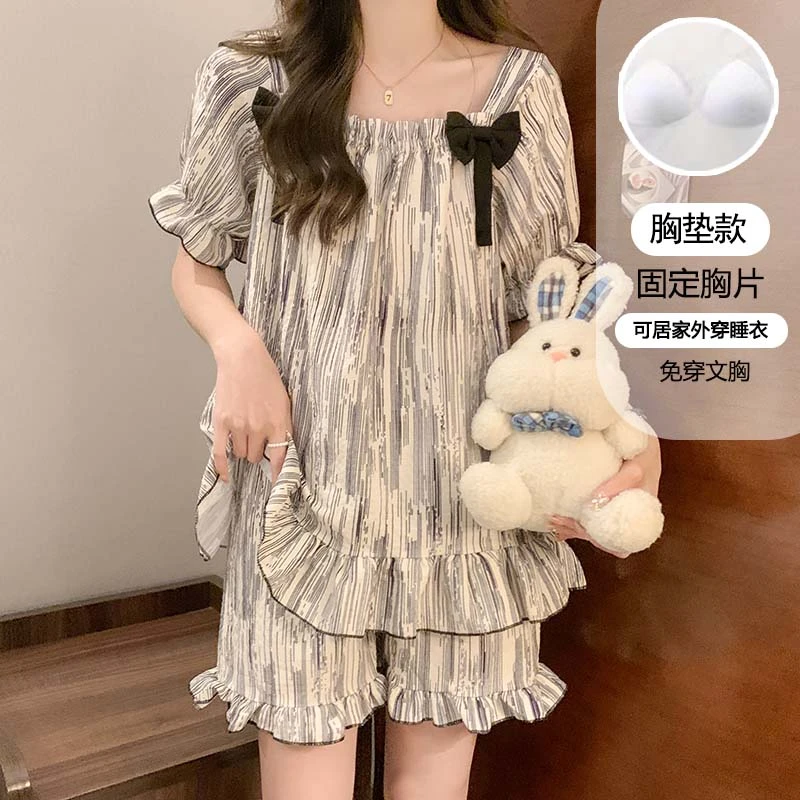 【星】睡衣女夏季薄款短袖带胸垫套装甜美学生条纹夏天家居服4119