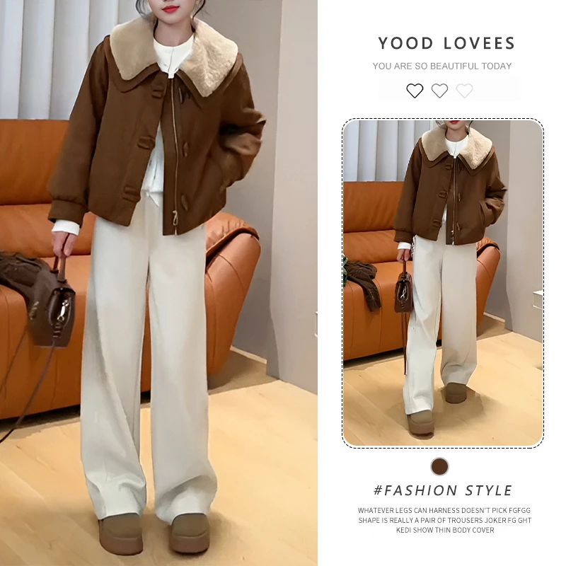 毛毛海军领加绒外套女短款2025秋冬季韩系时尚宽松小个子休闲棉服