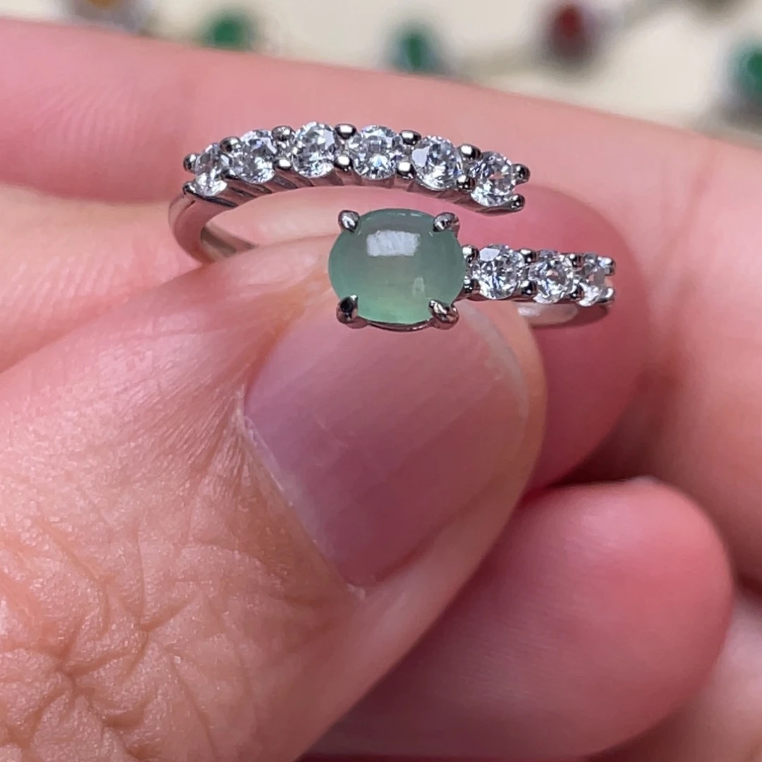 翡翠戒指银S925镶嵌纯天然缅甸翡翠