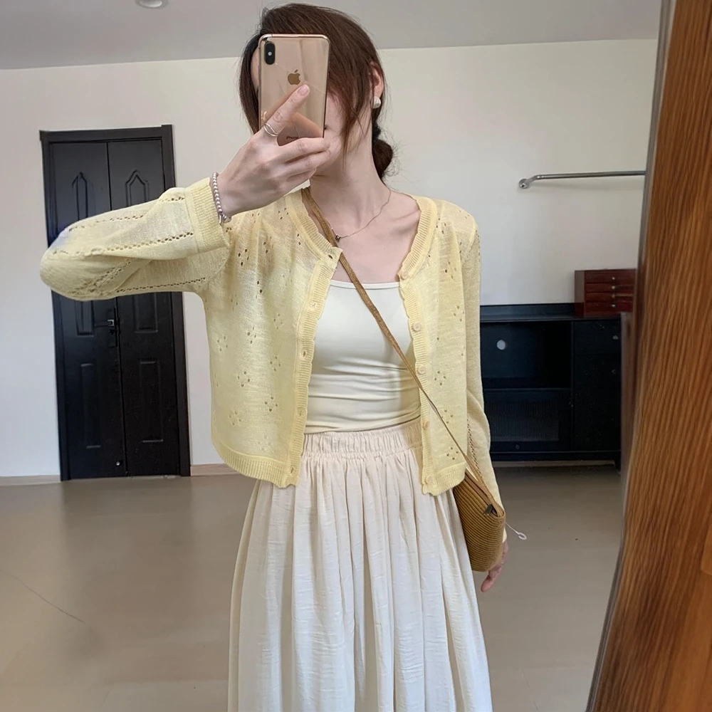 气质黄色镂空针织防晒开衫薄款外套女春夏配吊带裙子外搭罩衫上衣