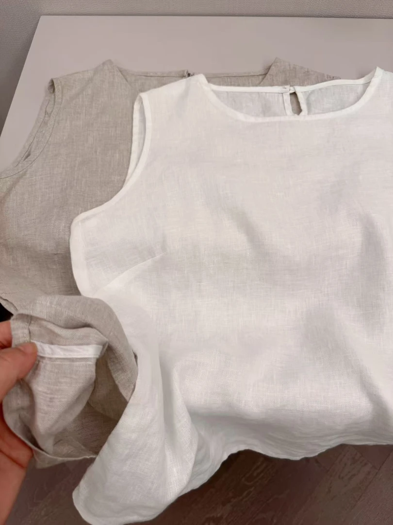 100亚麻简约高级圆领无袖上衣