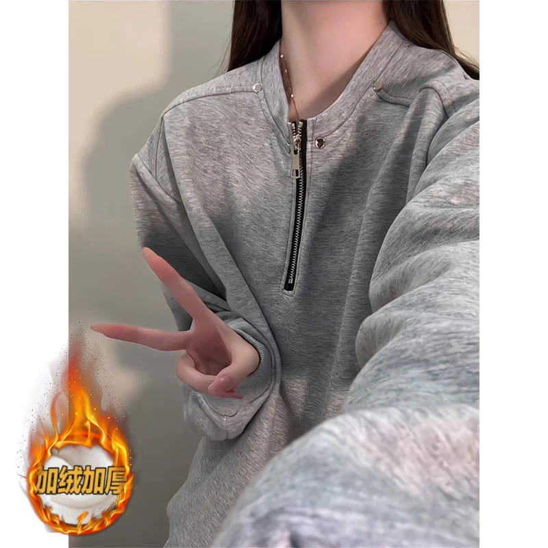 半拉链解构重磅质感卫衣男秋冬加绒加厚潮牌美式宽松大码长袖外套